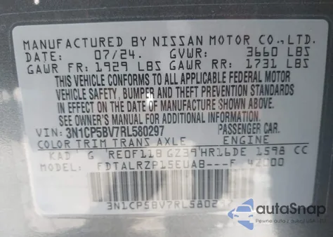 2024 Nissan Kicks S Xtronic Cvt z USA, uszkodzony, nr VIN 3N1CP5BV7RL580297